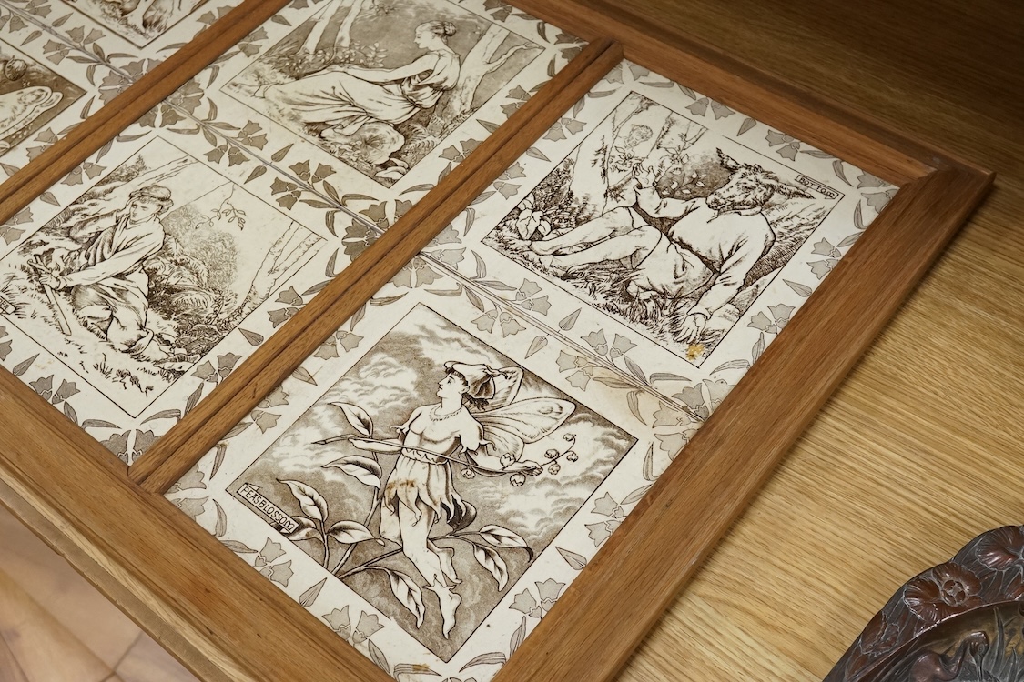 A set of six Wedgwood Midsummer Night’s Dream tiles, framed as one: Titania, Helena, Oberon, Bottom, Lysander and Peas Blossom, overall 48 x 73cm